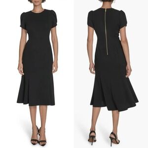Calvin Klein Womens Tulip Sleeve Crepe A-Line Midi Dress Size 6 Black Career